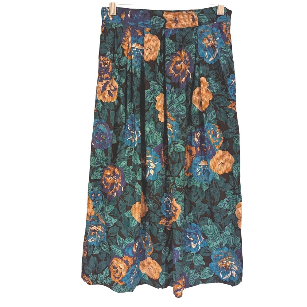 Danielle B Floral Midi Skirt 26 Teal Blue Gold Pleated Pockets Vintage 90s Retro